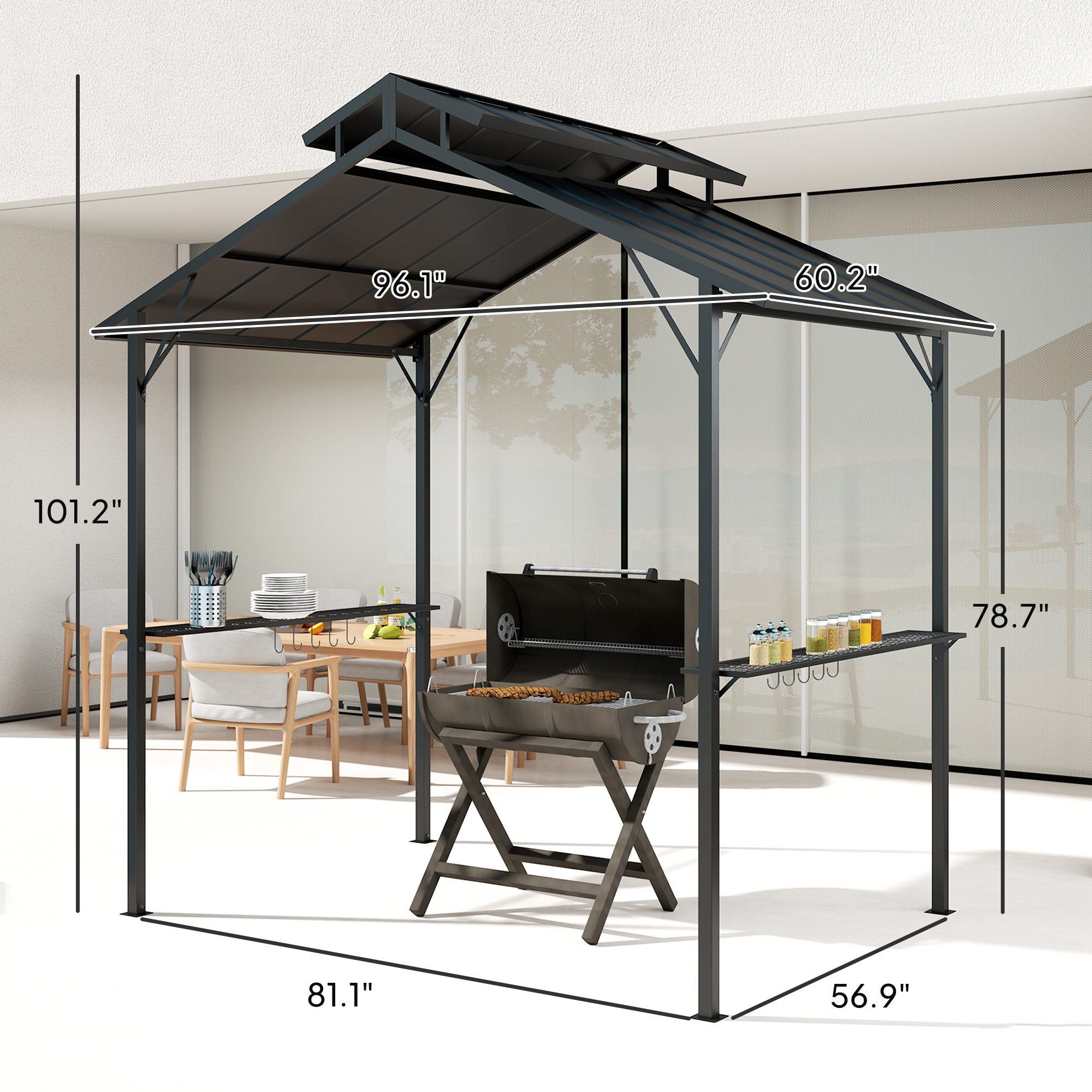8 x 5ft Hardtop Grill Gazebo with Double Metal Roof, 2 Side Shelves and 10 Hooks for Patio Backyard Lawn Deck