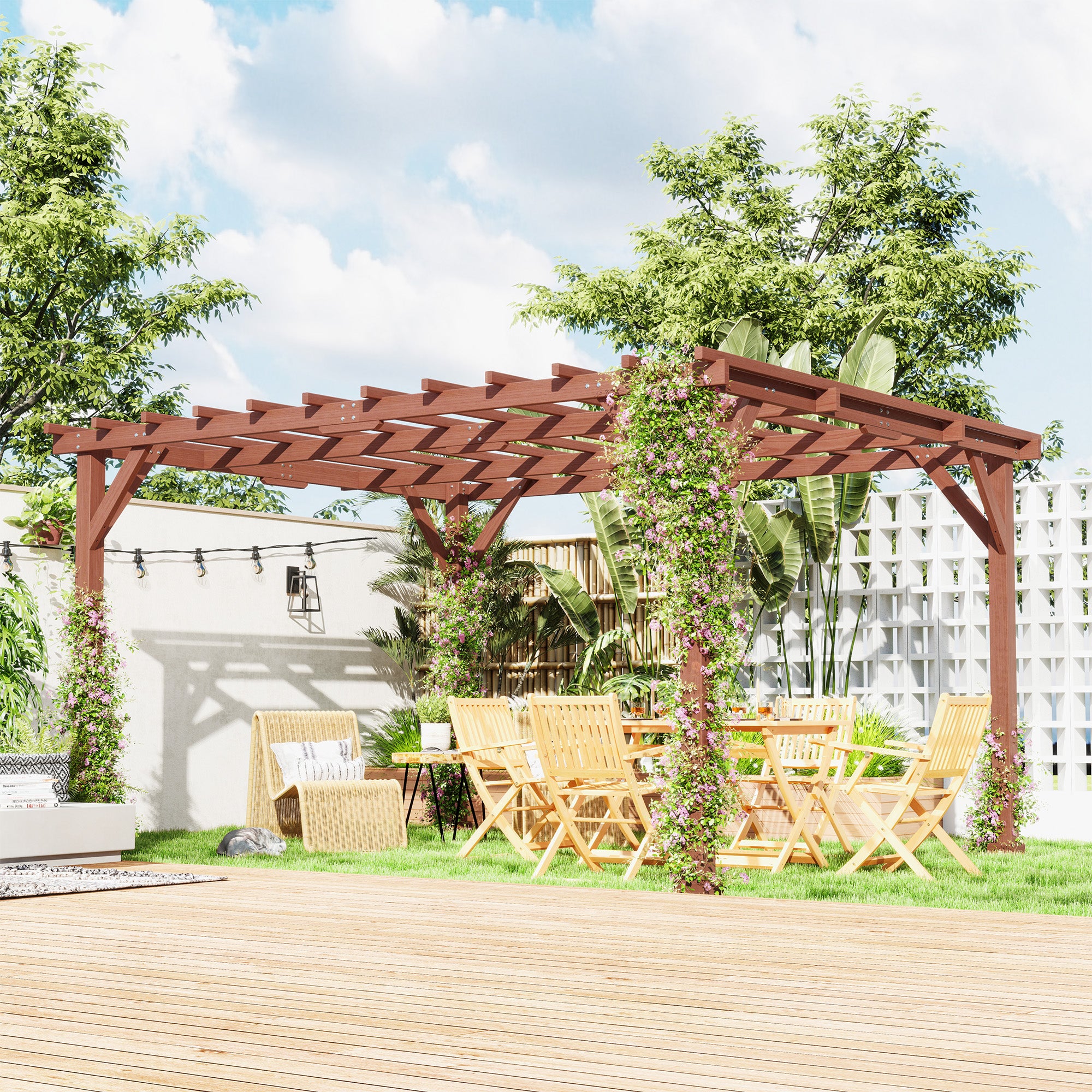 11' x 12.5' Outdoor Wood Pergola with Grape Trellis for Patio, Deck, Backyard, Lawn