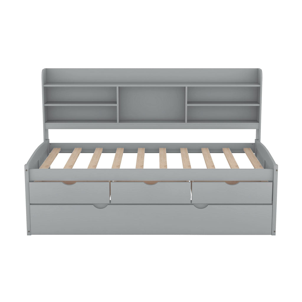 Classic Style Twin Size Wooden Captain Bed with Built-in Bookshelves, 3 Storage Drawers, and Trundle, 77.5" L x 88" W x 47" H, Grey