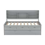 Classic Style Twin Size Wooden Captain Bed with Built-in Bookshelves, 3 Storage Drawers, and Trundle, 77.5" L x 88" W x 47" H, Grey