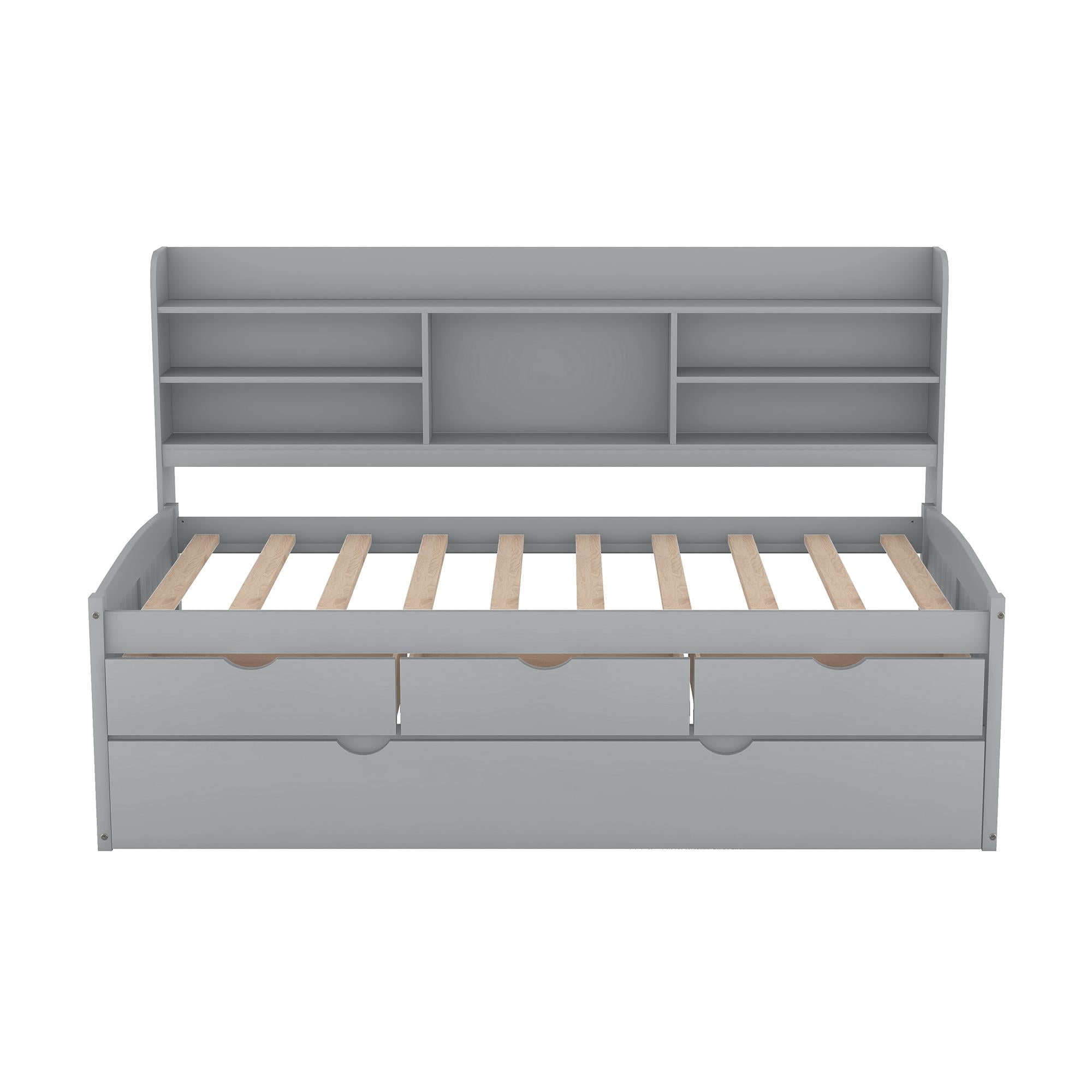 Classic Style Twin Size Wooden Captain Bed with Built-in Bookshelves, 3 Storage Drawers, and Trundle, 77.5" L x 88" W x 47" H, Grey