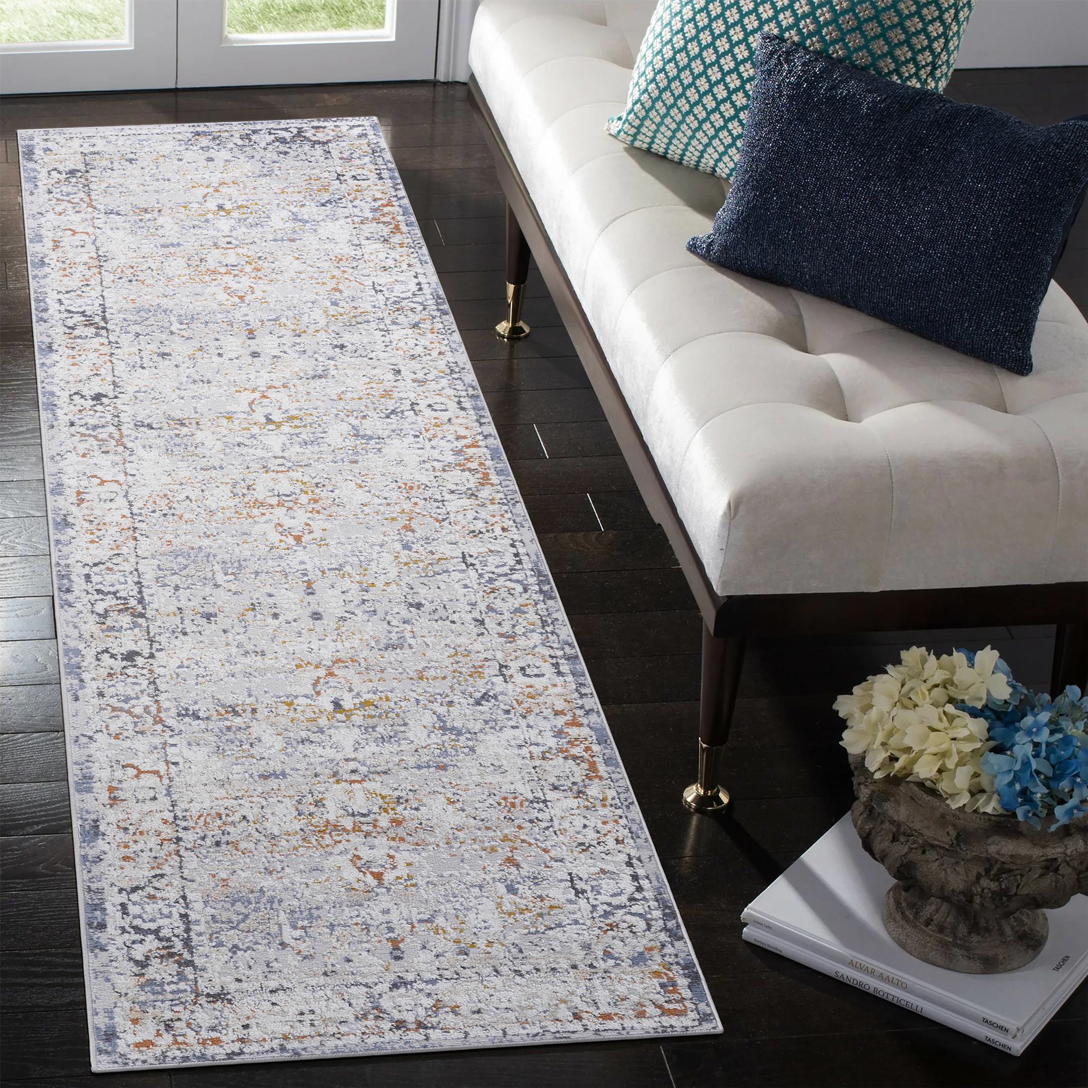 Naar 2x8 Stain-Resistant Rug with Cotton Backing, Medium Pile Height, Kid and Pet-Friendly Carpet, 96" L x 26" W x 0.3" H, Ivory+Gray