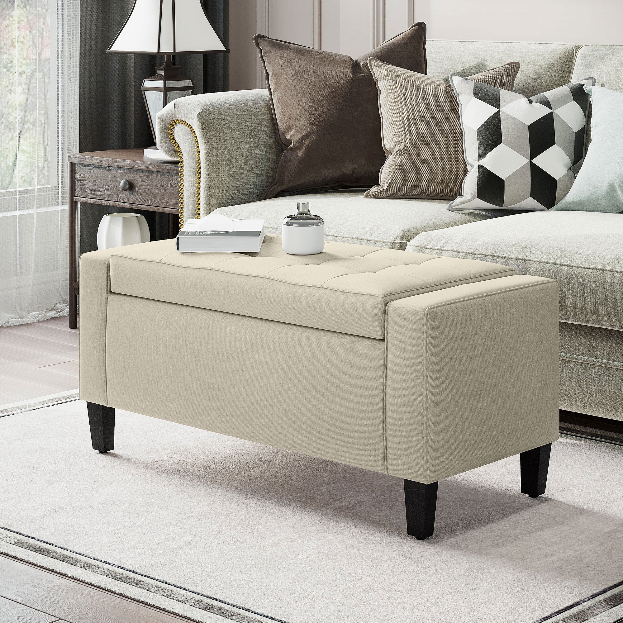 36" Ottoman with Storage, Storage Ottoman Bench with Lift Top and Rubberwood Legs, Linen Upholstered Entryway Seat with for Living Room, Bedroom, Holds up to 330 lb, Beige