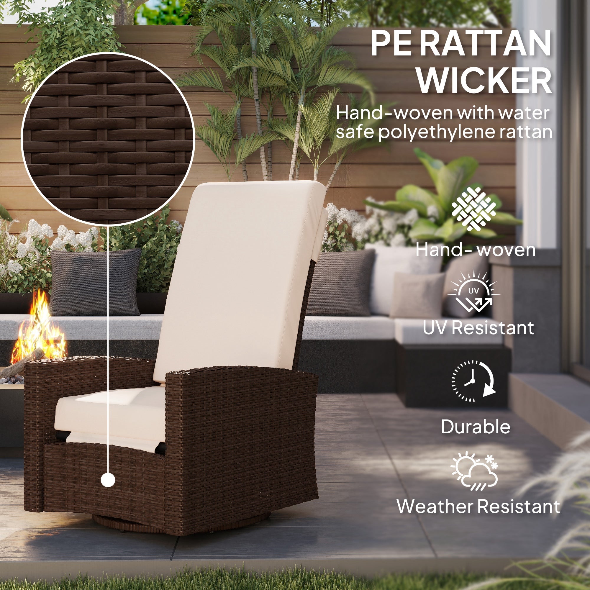 Outdoor Wicker Swivel Recliner Chair, Lifting Footrest, 360° Rotating Basic, Water-resistant Cushions, Cream White