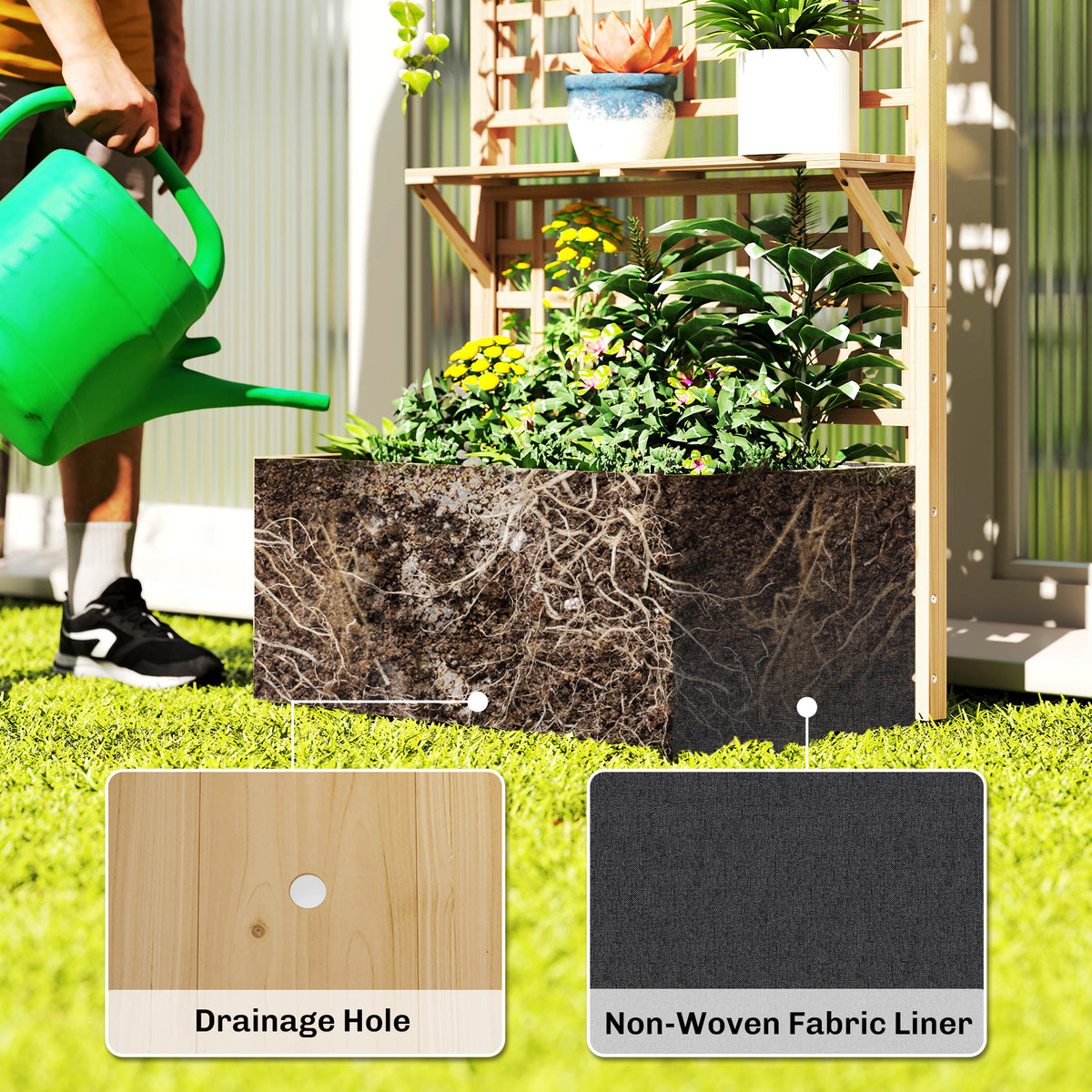 Wooden Raised Garden Bed with Trellis and Roof, Elevated Planter Box with 2 Shelves, Drainage Hole and Liner, Natural