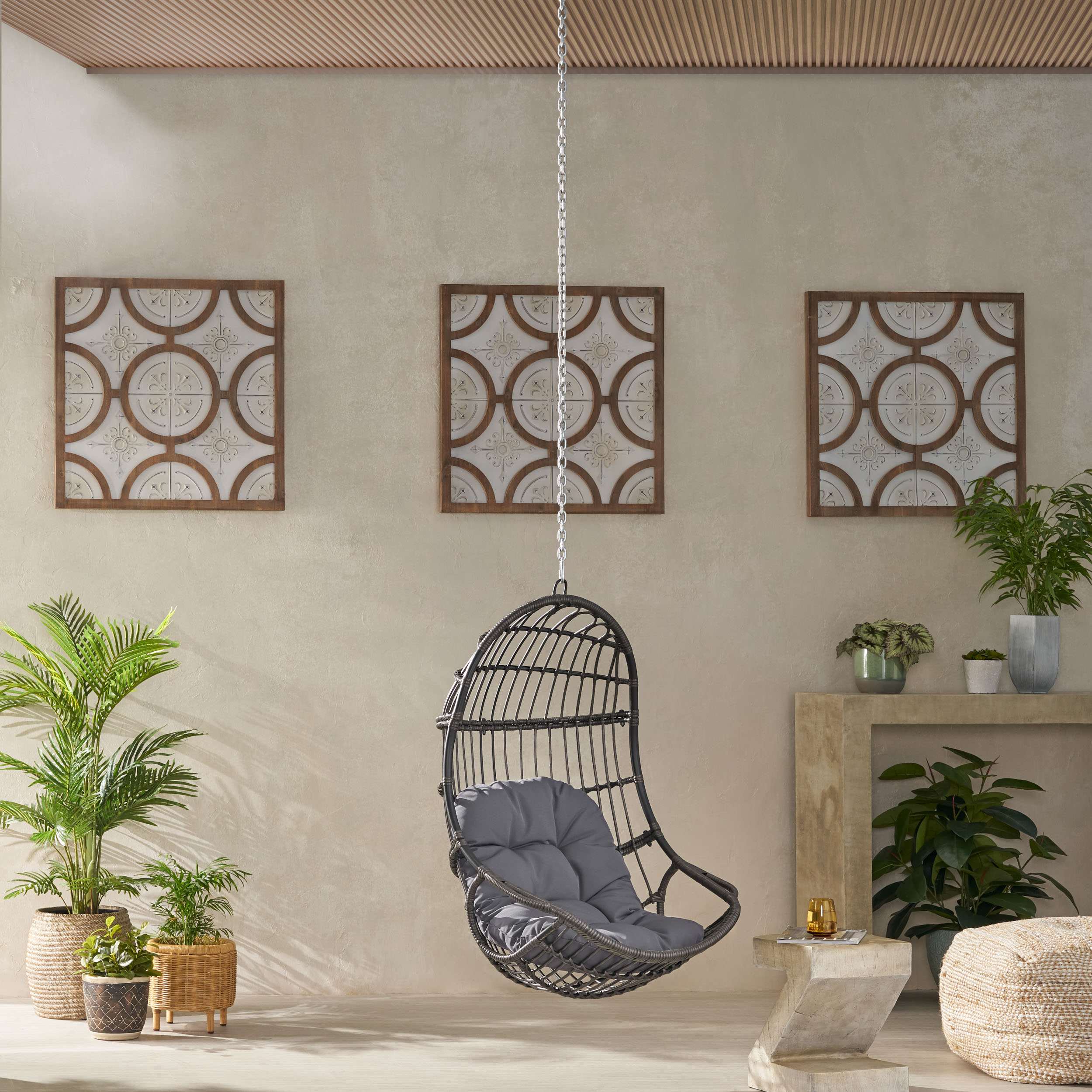 Outdoor/Indoor Wicker Swing Hanging Chair with 8ft Chain, Water-Resistant Cushions, Faux Rattan, 300 lbs Capacity, 30" L x 31.5" W x 44.5" H, Gray