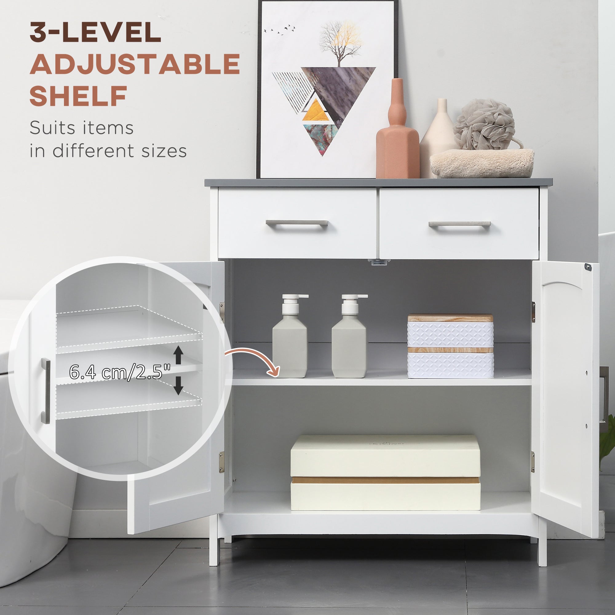 Bathroom Floor Cabinet, Freestanding Linen Cabinet, Storage Cabinet with 2 Drawers, Double Doors, Adjustable Shelf, White