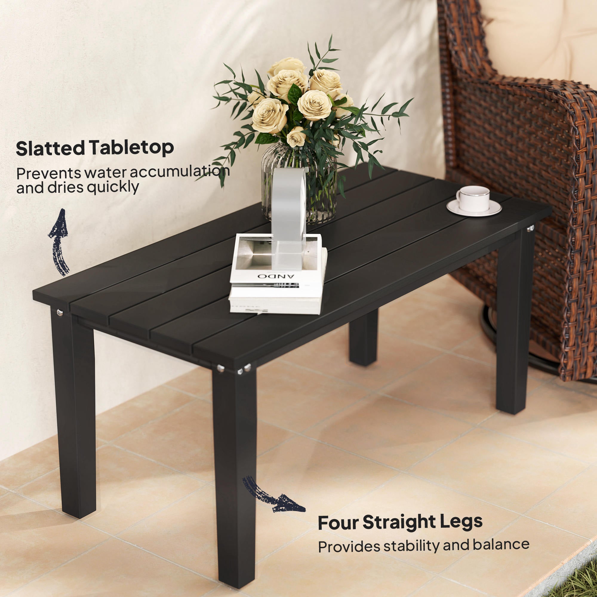 Rectangle Outdoor Coffee Table, HDPE All-Weather Outdoor Patio Table with Slatted Tabletop for Yard, Balcony, Black