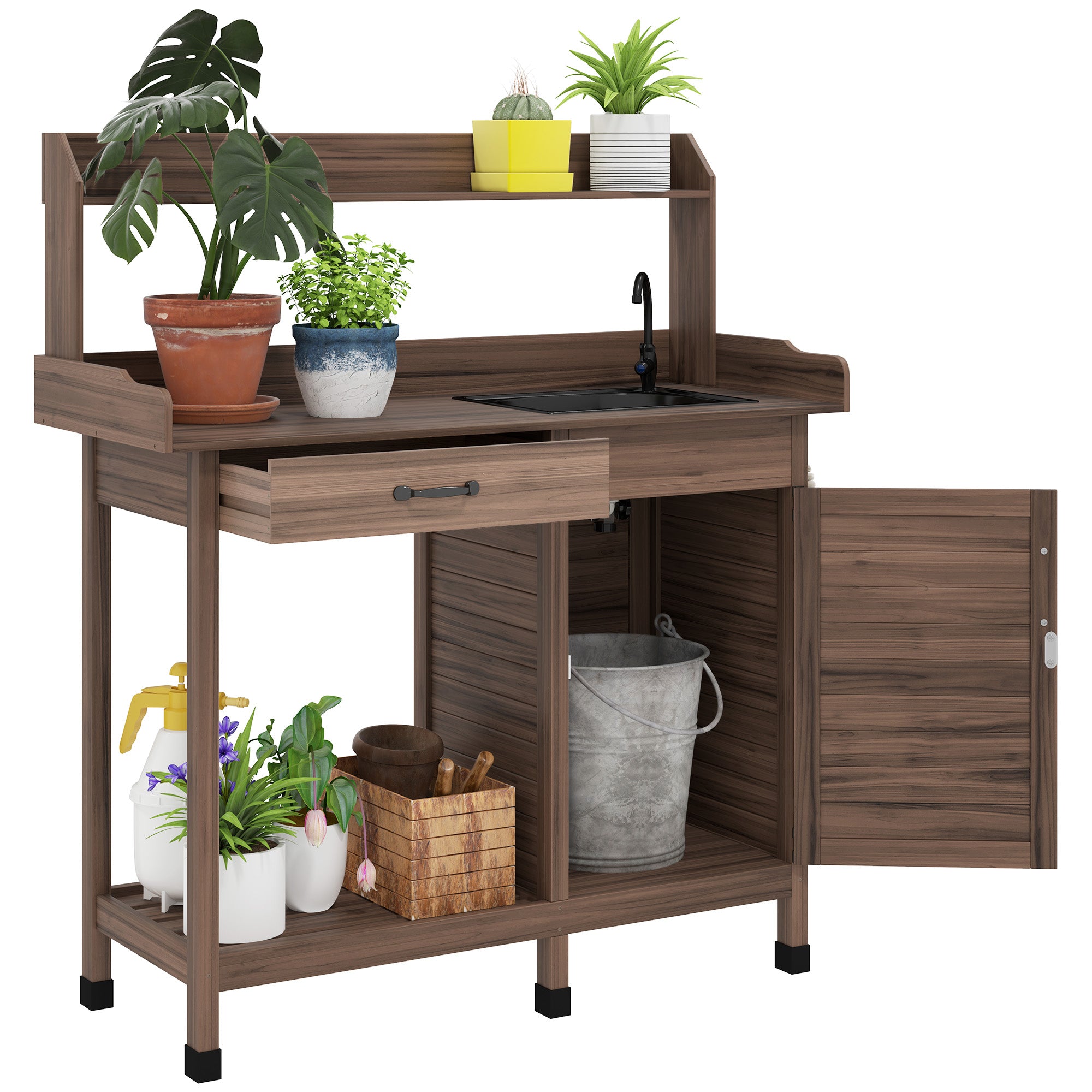 Potting Bench Table with Removable Sink, Outdoor Work Bench Table with Storage Cabinet, Hooks, Faucet and Drawer for Greenhouse, Garden, Patio, Dark Brown