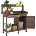 Potting Bench Table with Removable Sink, Outdoor Work Bench Table with Storage Cabinet, Hooks, Faucet and Drawer for Greenhouse, Garden, Patio, Dark Brown