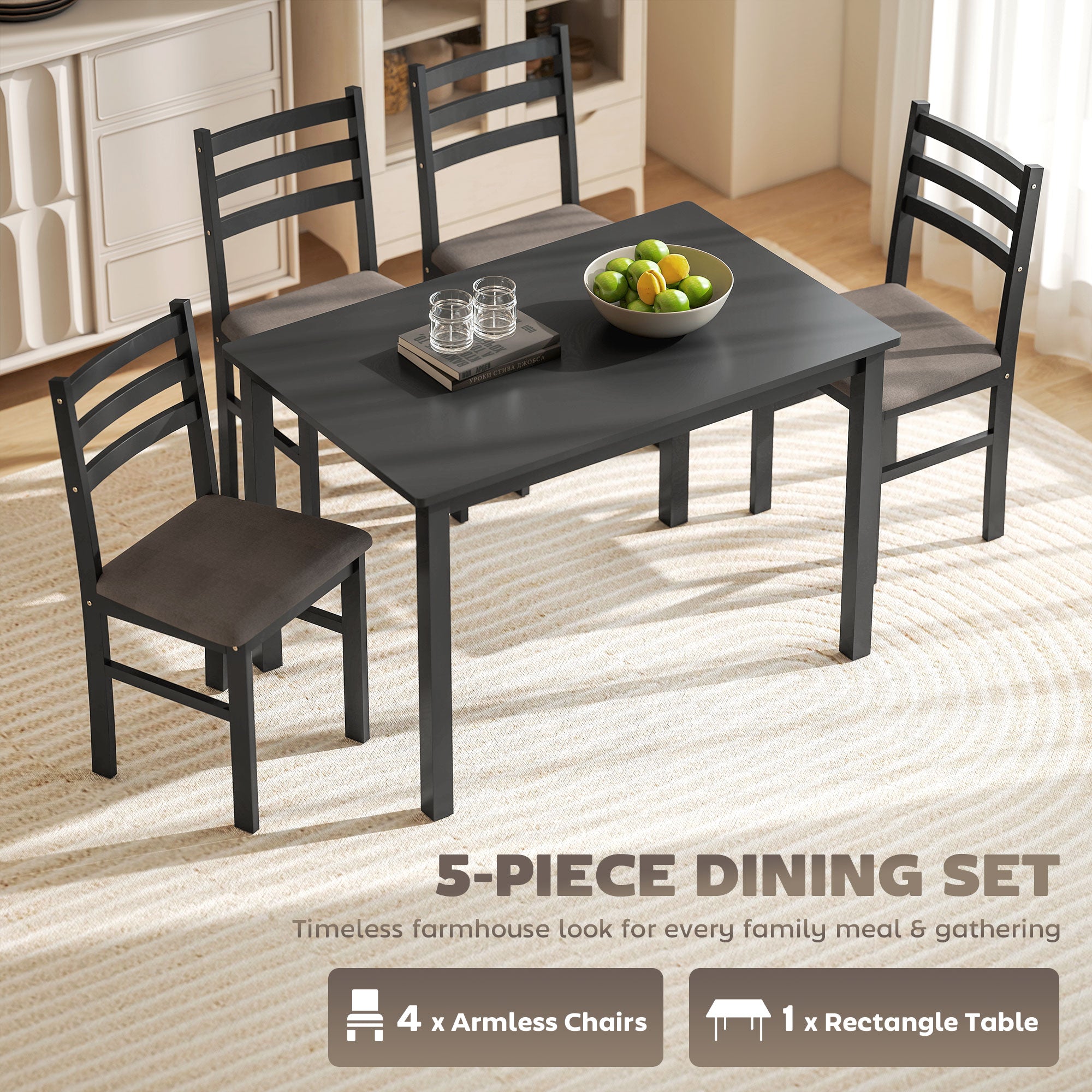 5-Piece Small Kitchen Table Set for 4, Farmhouse Dining Table Set with Upholstered Chairs and Rubber Wood Legs, Black