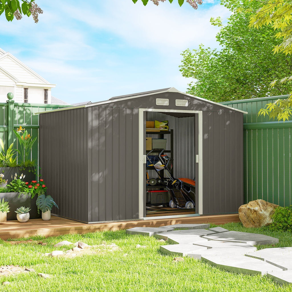 9' x 6' Outdoor Storage Shed, Garden Tool Metal Shed with Foundation Kit, Light Gray