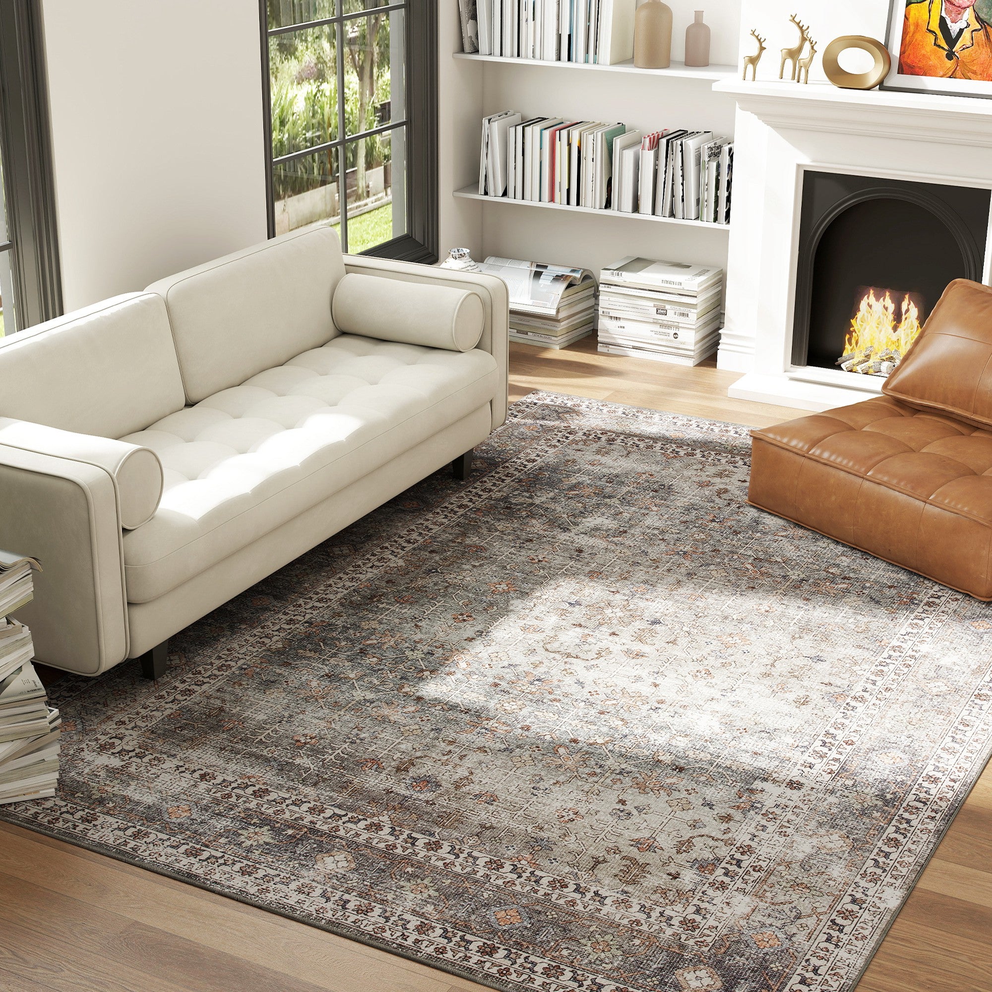 Machine Washable Area Rug 8x10, Non-Slip Traditional Floor Cover Foldable Carpet for Living Room, Dark Mixed-Brown