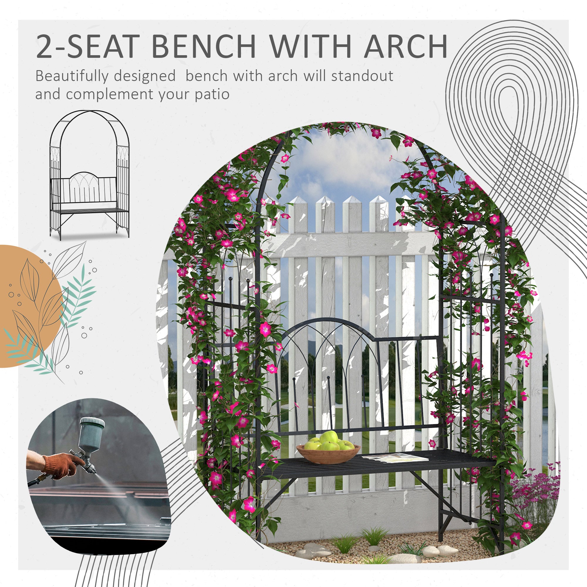 Metal Trellis Arbor Arch for Climbing Plants with Garden Bench, Grow Grapes & Vines, Patio Decor & 2-Person Outdoor Interlacing Decorative Seating with Tips, 484 lbs. Weight Capacity, Black