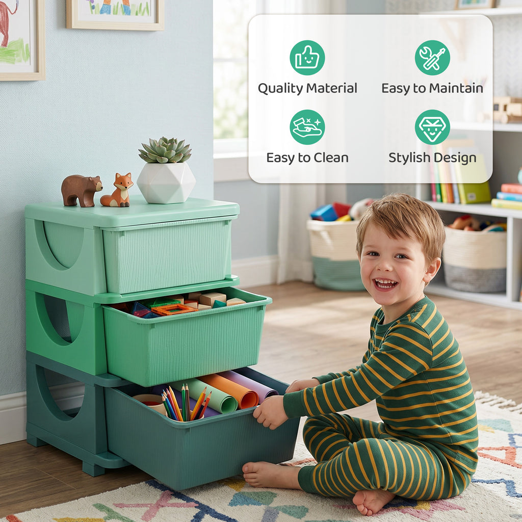 3 Tier Kids Storage Unit, Toy Organizers and Storage with 3 Drawer for Bedroom Nursery Living Room for Boys Girls Green