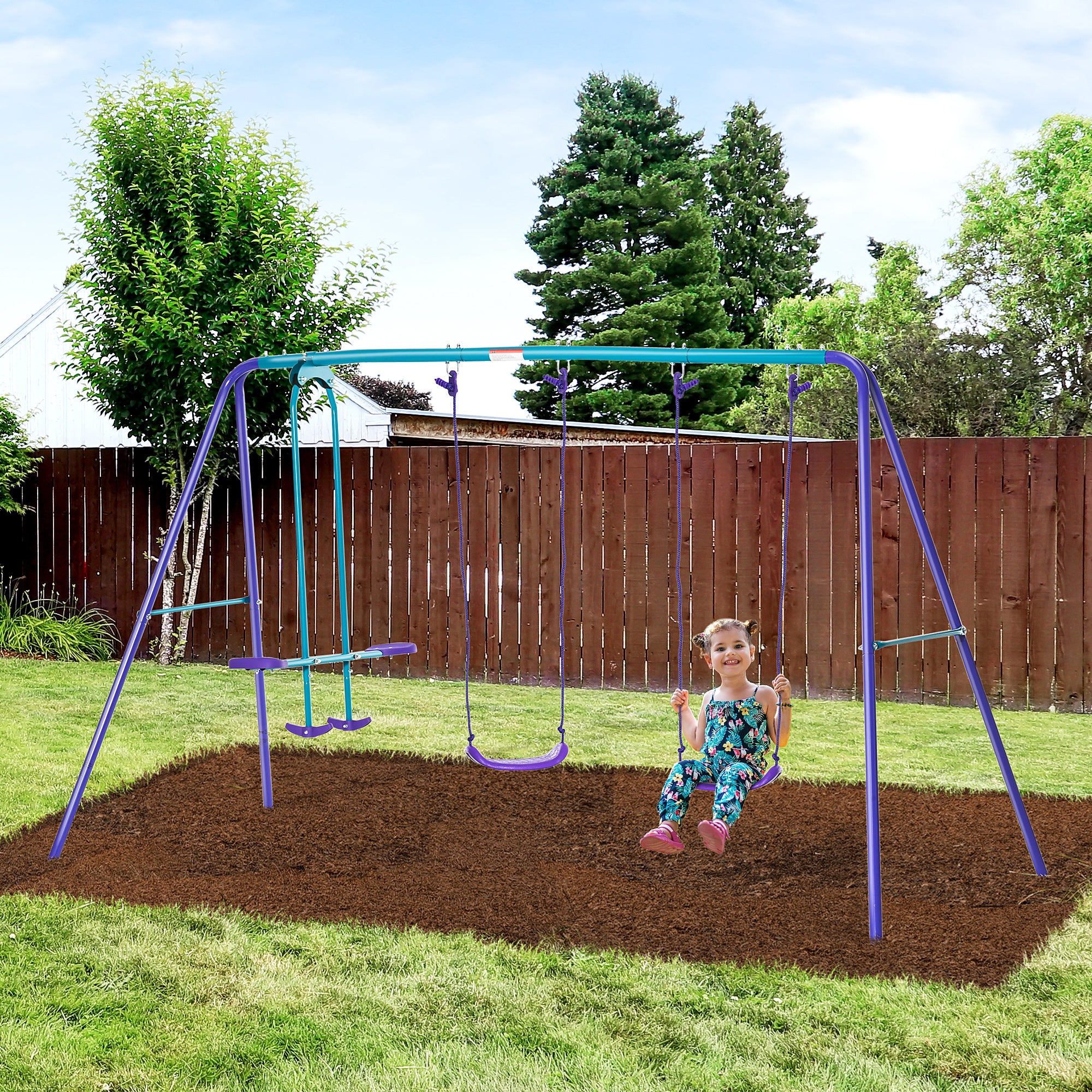 Metal Swing Set with Glider, Two S Seats and Adjustable Height, Outdoor Heavy Duty A-Frame Kids Playset Suitable for Playground, Backyard, Purple