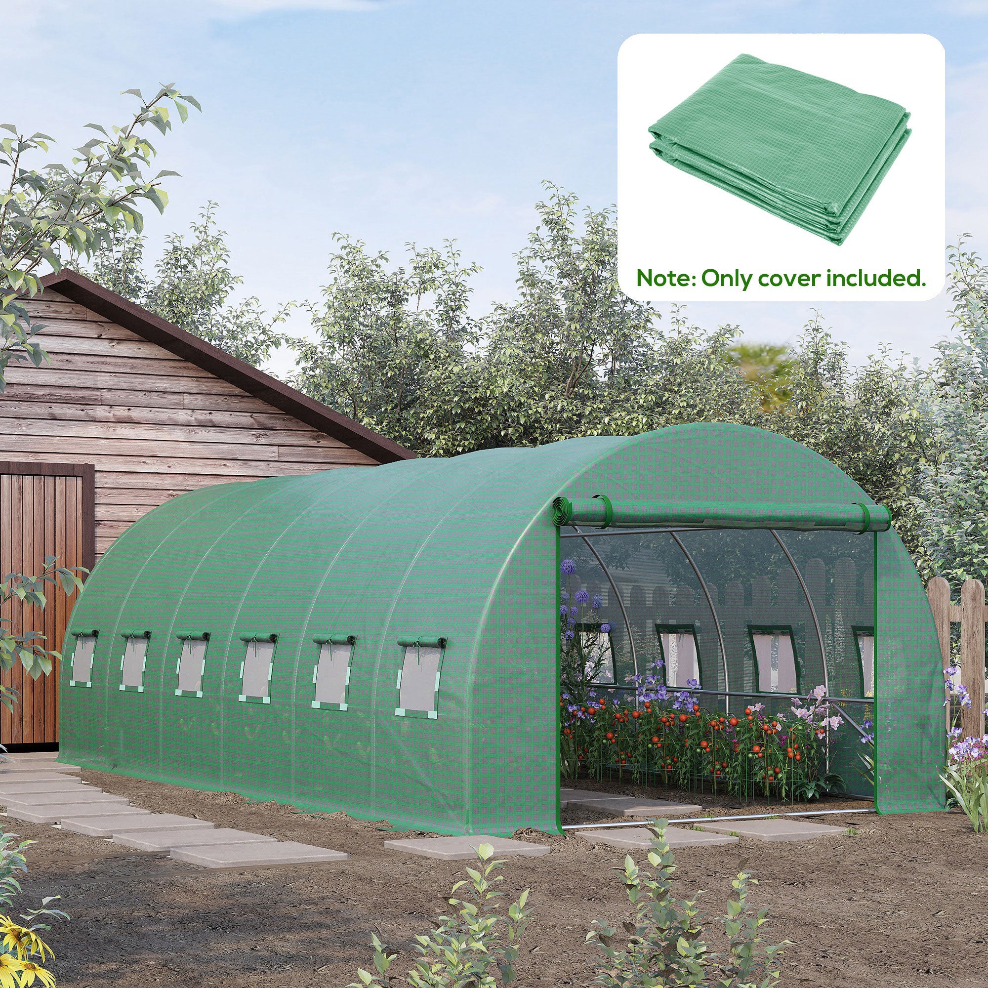 19.7' x 9.8' x 6.6' Plastic Greenhouse Cover Replacement, Heavy Duty Waterproof Tarp for Hoop House, Sheeting with 12 Windows, Door & Reinforcement Grid, Green