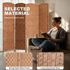 Room Divider 4 Panel, 6FT Tall Folding Privacy Screen, Freestanding Hand-Woven Partition for Room Separation with 360° Hinges, Paper Rope Diamond Weave, Natural