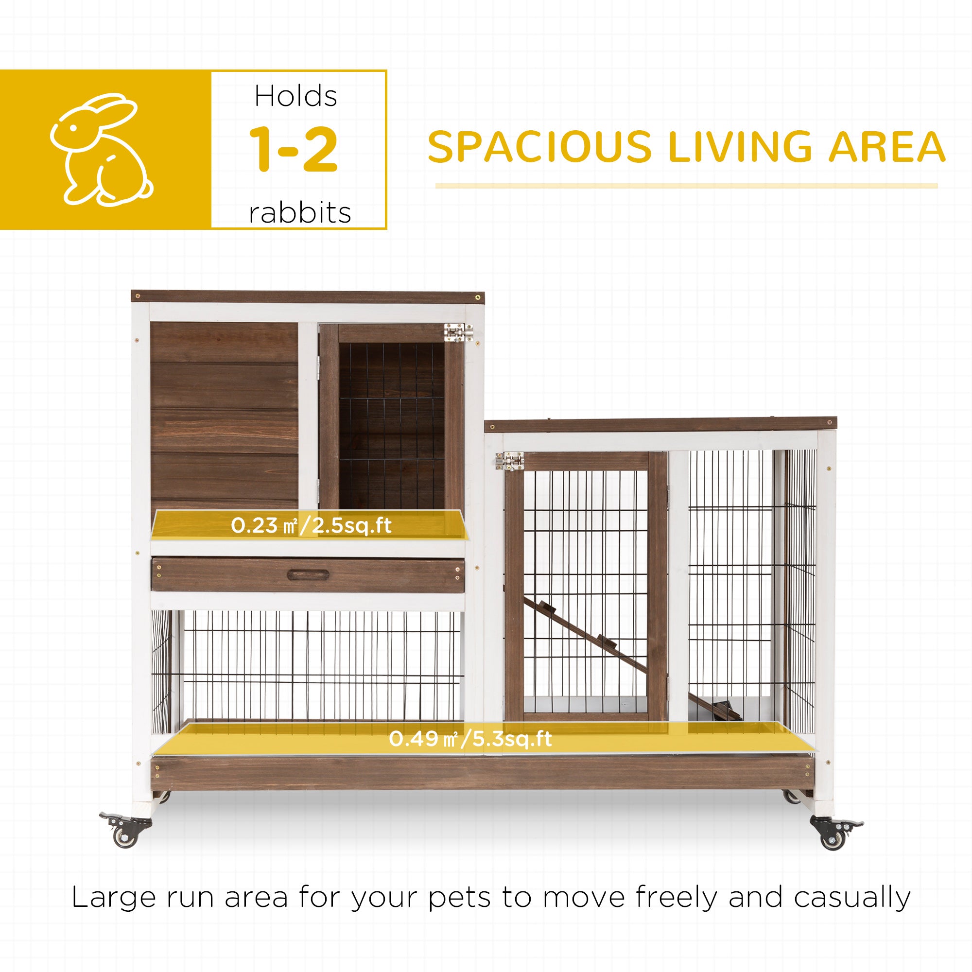Wooden Rabbit Hutch Elevated Bunny Cage Indoor Small Animal Habitat with Enclosed Run with Wheels, Ramp, Removable Tray for Rabbits, Chickens, Ducks, Guinea Pigs, Brown