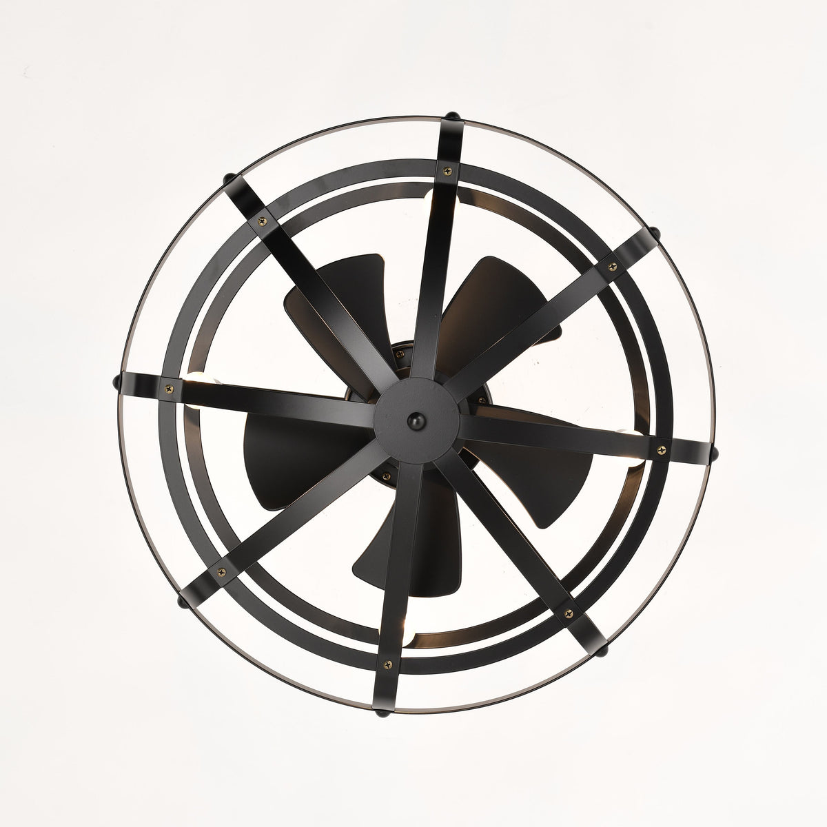 Industrial Bladeless Ceiling Fan with Lights, 18" Caged Design, Reversible Motor, Remote Control, Downrod Mount, E12 Standard Base, Matte Black