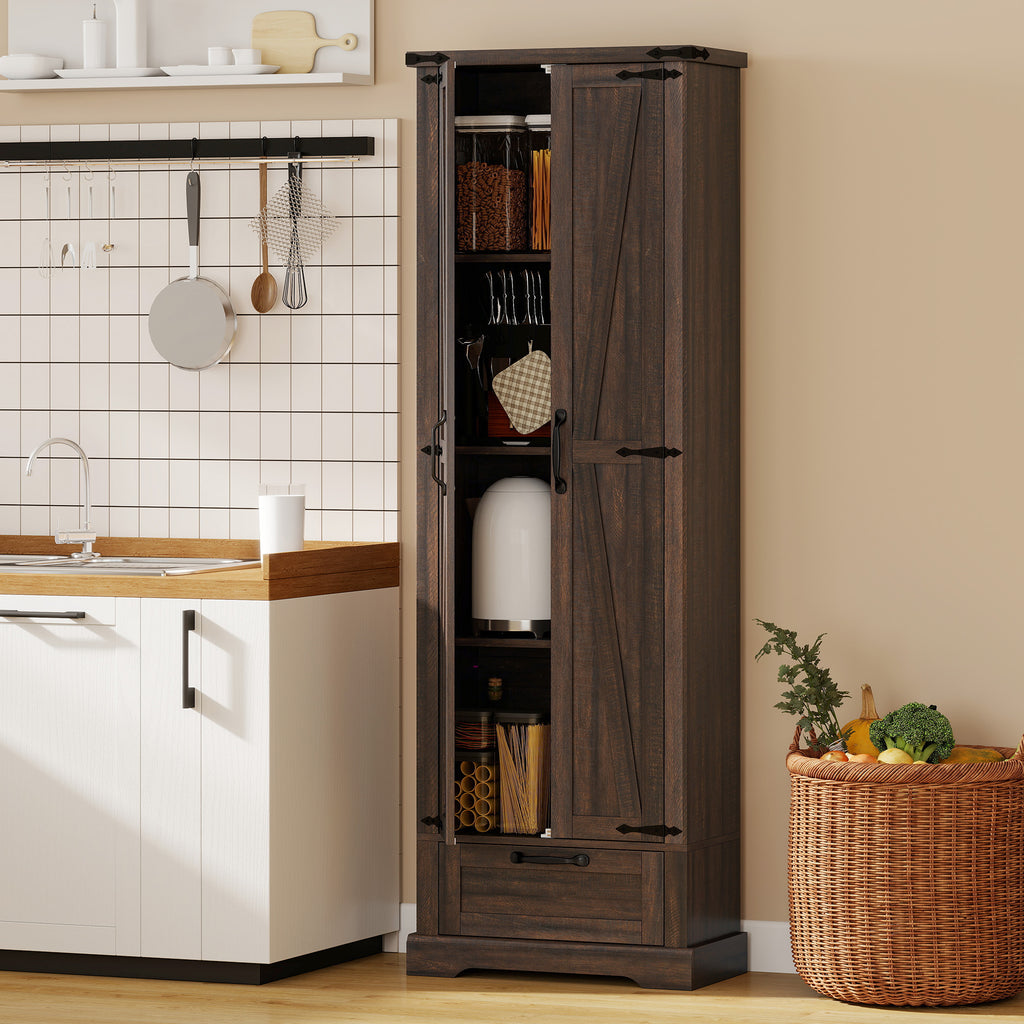 71" Pantry Cabinet, Kitchen Storage Cabinet with Adjustable Shelves, Barn Doors and Drawer for Dining Room, Brown