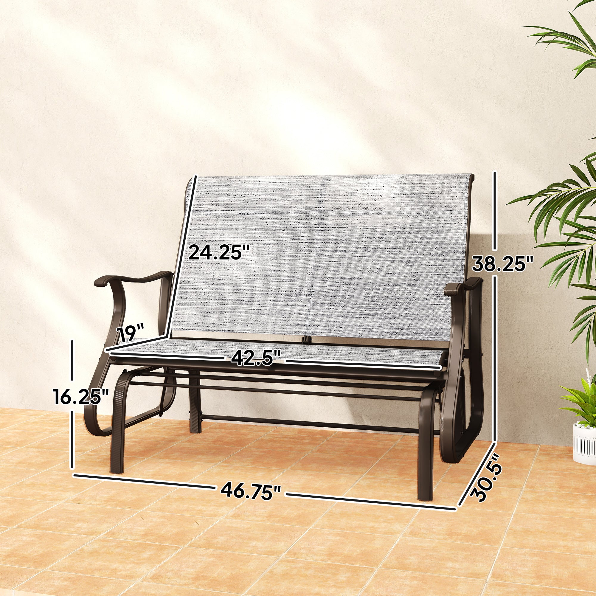 2-Person Outdoor Glider Bench, Patio Glider Loveseat Chair with Powder Coated Steel Frame, 2 Seats Porch Rocking Glider for Backyard, Lawn and Garden, Mixed Gray