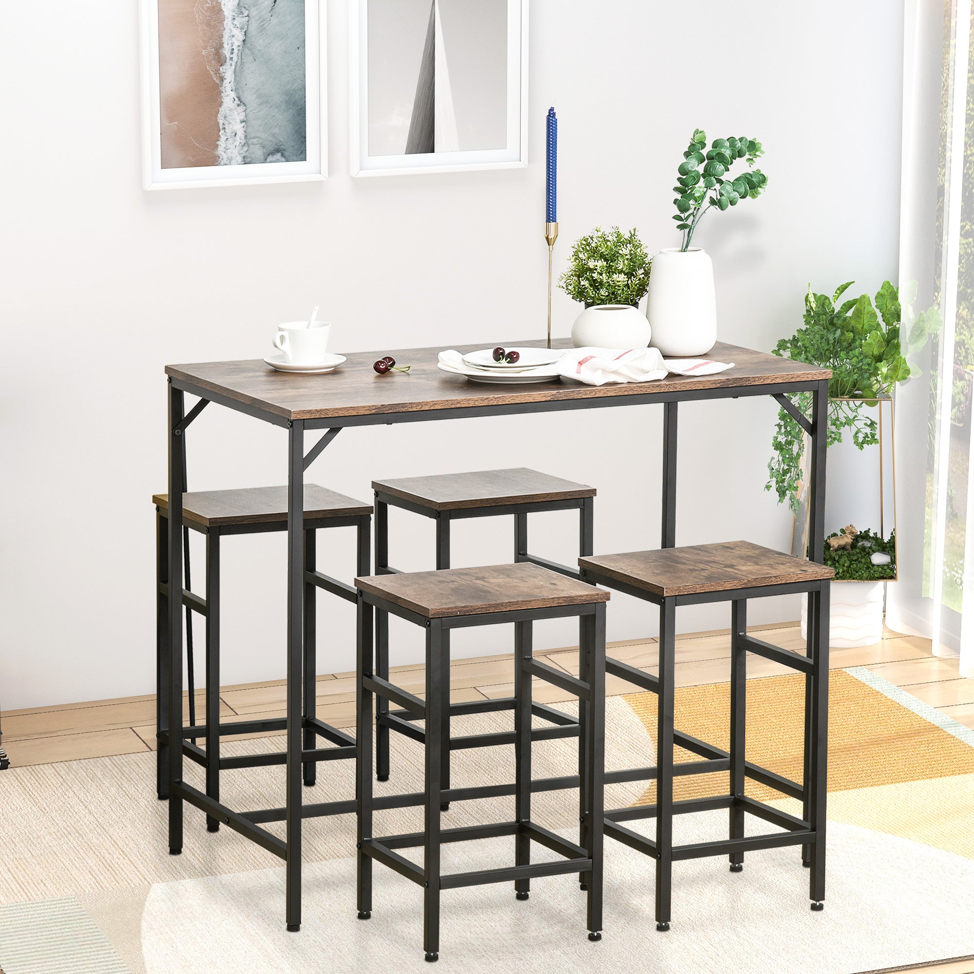 5-Piece Industrial Dining Table Set, Bar Table & 4 Stools Set, Space Saving for Pub & Kitchen, Rustic Brown/Black
