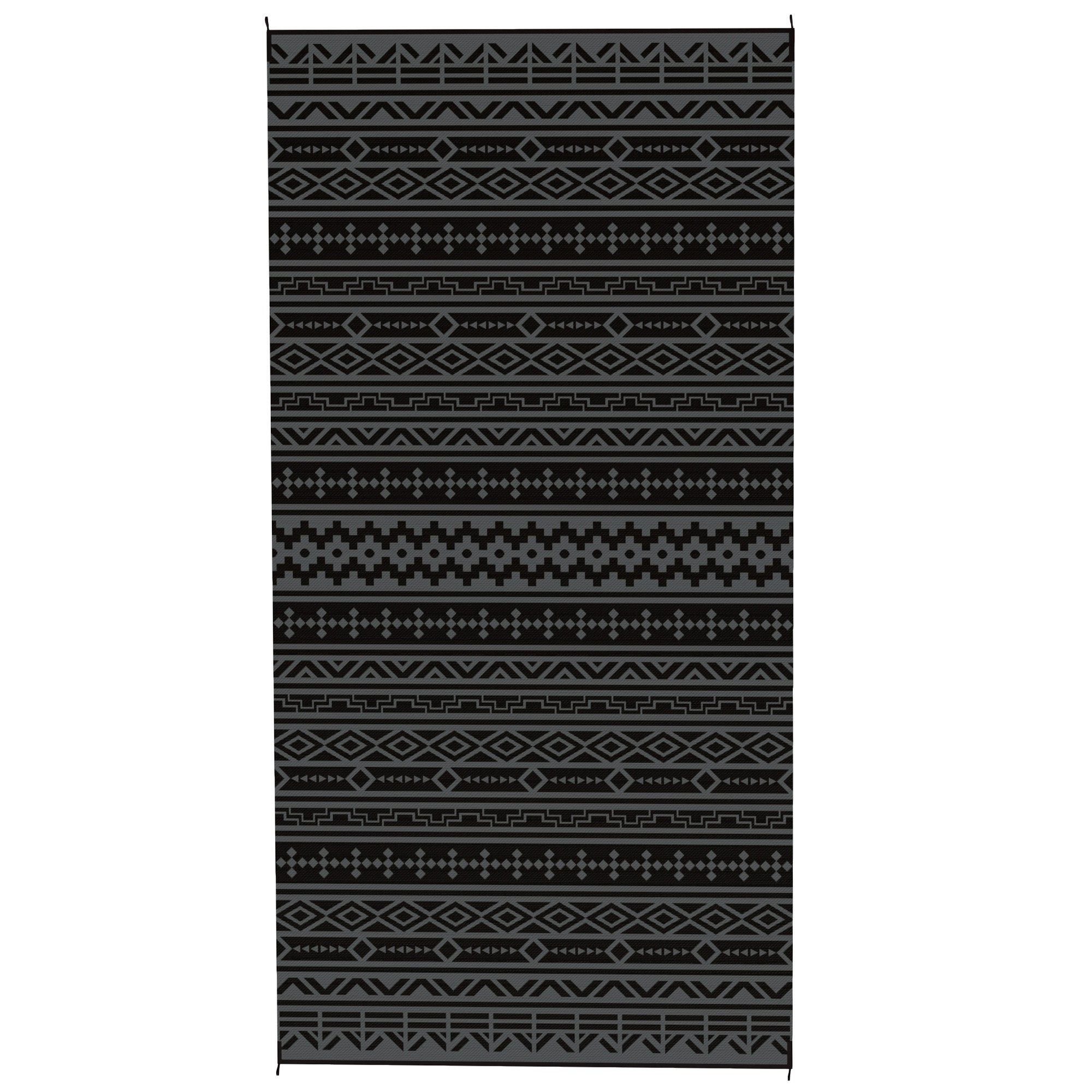 Reversible Outdoor Rug, Waterproof Plastic Straw with Carry Bag, 9' x 18', Black & Gray Geometric Wall