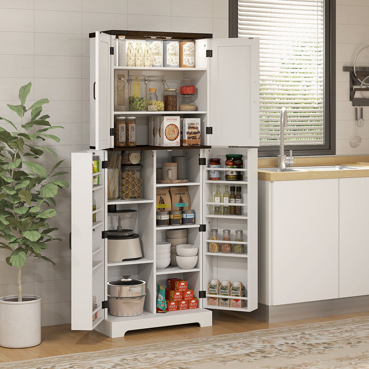 64" Tall Kitchen Pantry Cabinet with Motion Sensor Light, Spice Racks and Adjustable Shelves, White