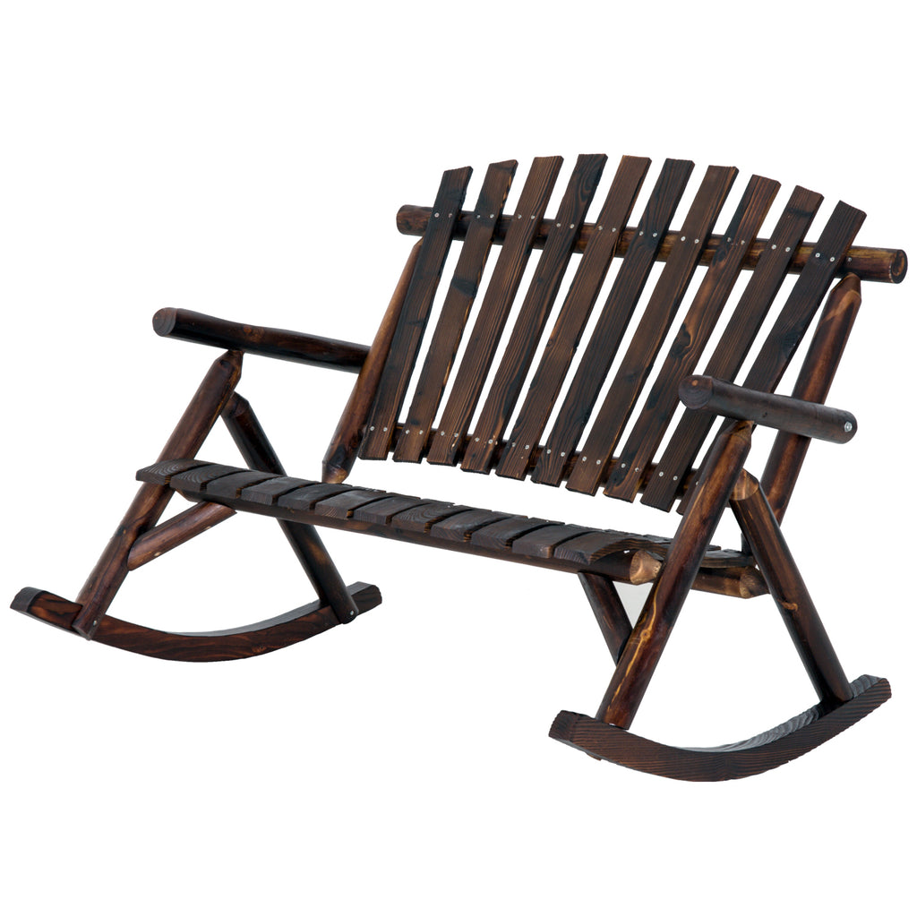 Wooden Porch Rocking Chair, Wood Double Adirondack, Rocker for Indoor or Outdoor with High Rise Slatted Back, Carbonized
