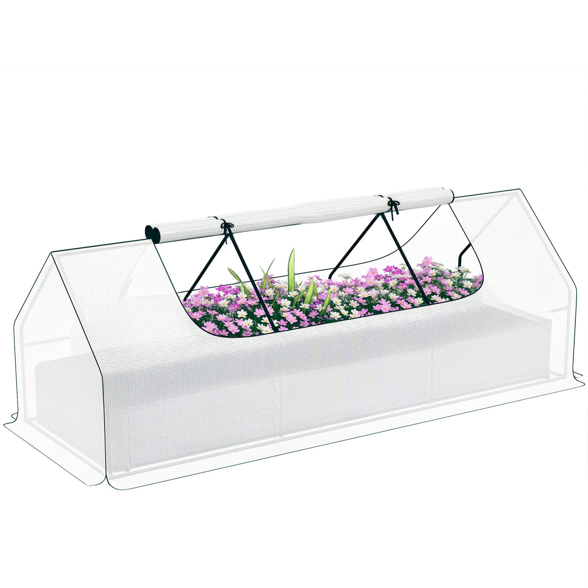 8.6 x 3 x 1ft Metal Planter Box with Mini Greenhouse, Galvanized Raised Garden Bed with Cover for Herbs and Vegetables, Small Greenhouse for Patio Garden Balcony, White and Silver