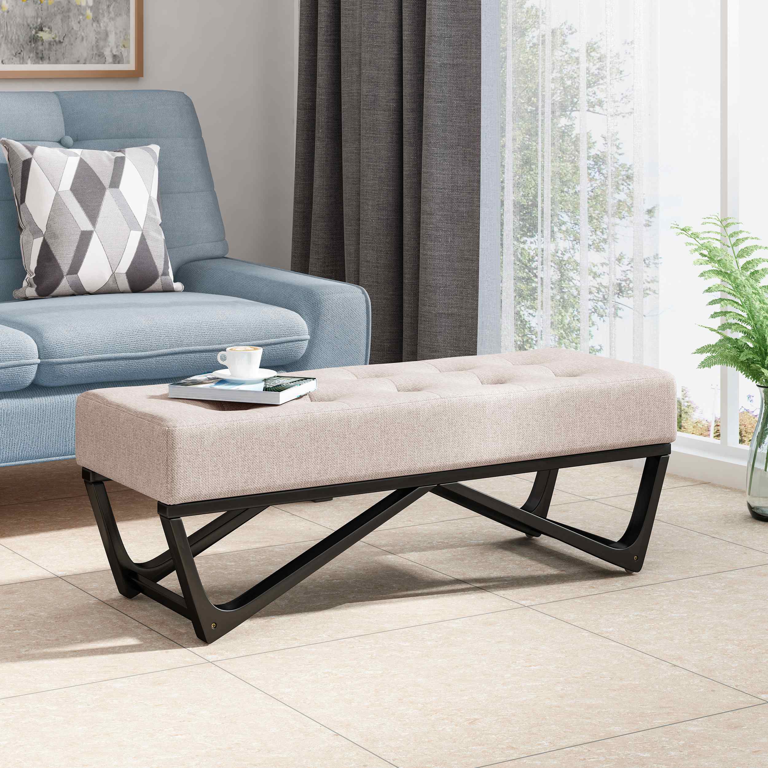 Ottoman with Cushioned Top, Sturdy Frame, and Space-Saving Design, 47.25" L x 17.5" W x 16.5" H, Beige
