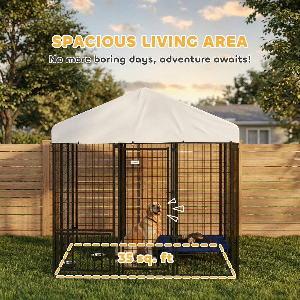 5.9' x 5.9' x 6' Outdoor Dog Kennel with Roof, Rotating & 4-Level Adjustable Bowls