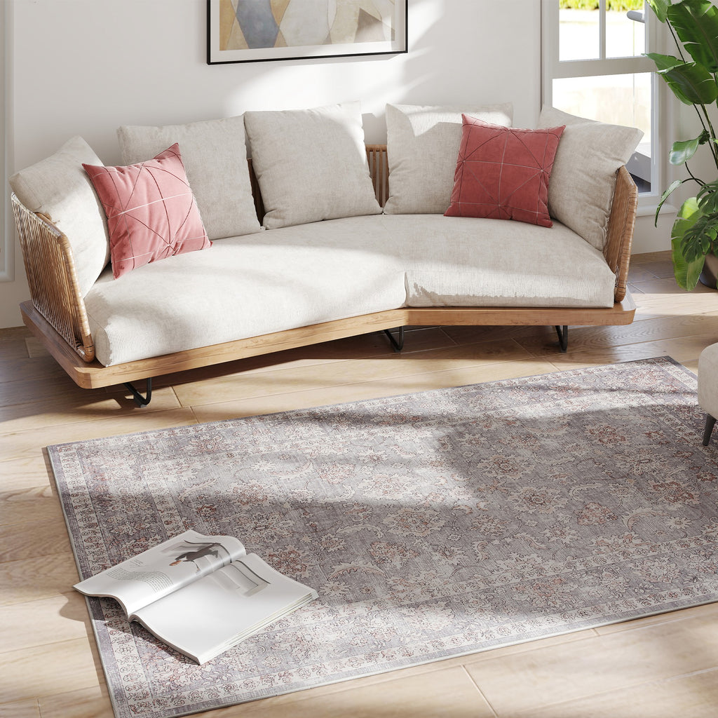 Machine Washable Area Rug 4x6, Non-Slip Traditional Flower Print Floor Carpet for Living Room, Bedroom, Grey and Brown