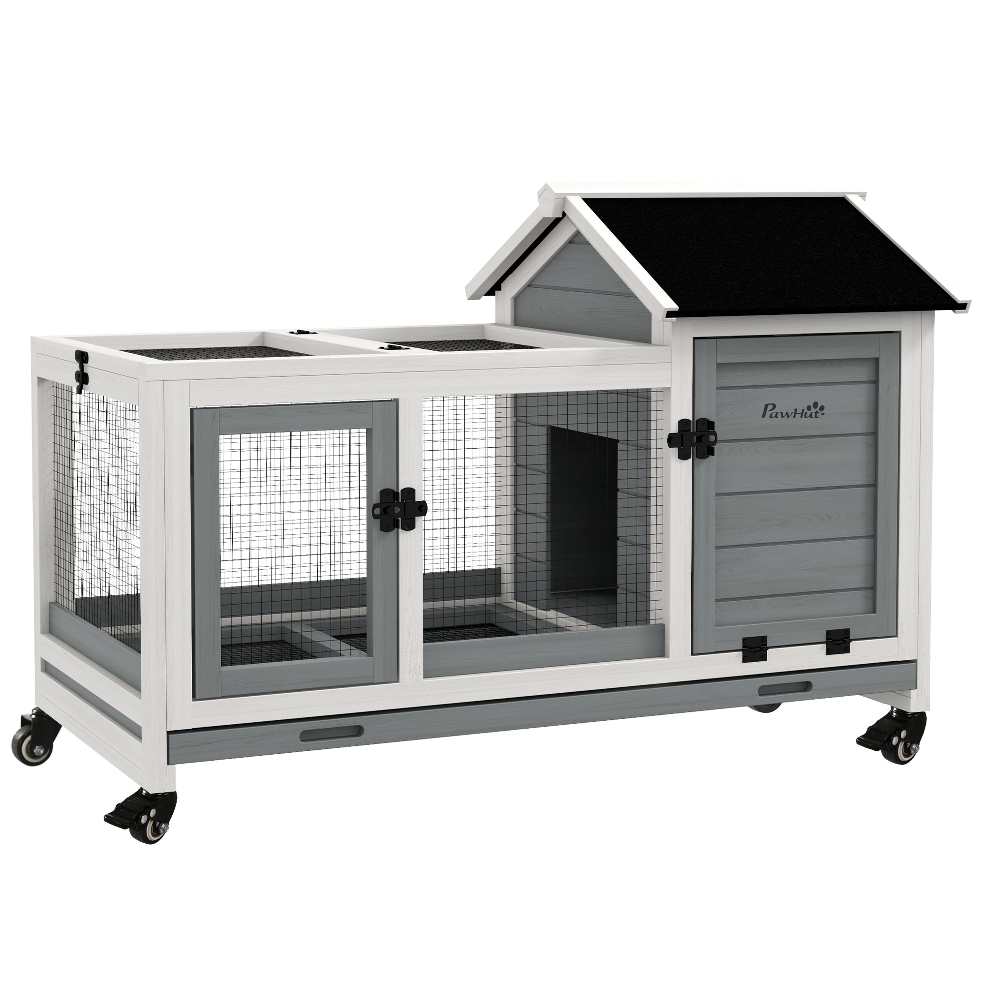 Wooden Rabbit Hutch with Wheels, Run, Slide-out Tray for Small Animals, Guinea Pig, Blue