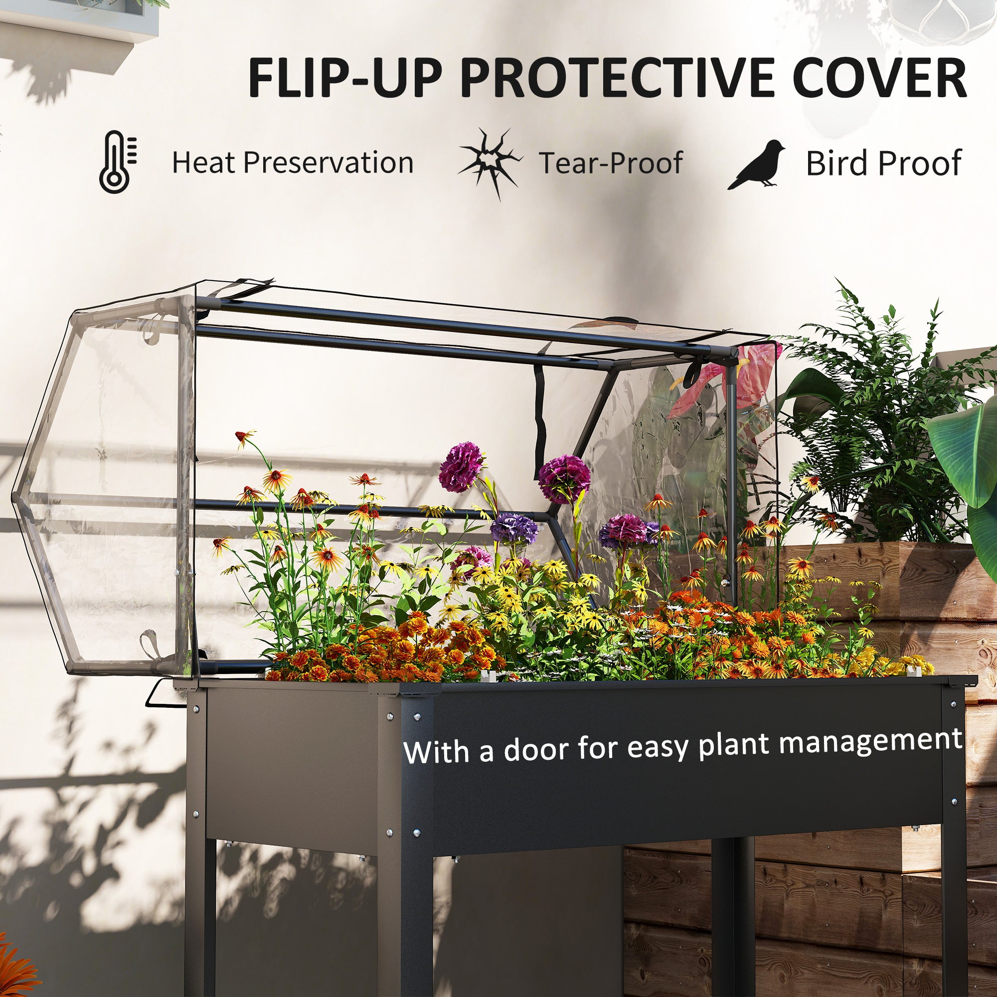Elevated Garden Box with Greenhouse Cover, Raised Garden Bed with Legs and Drainage Hole for Vegetables, Black