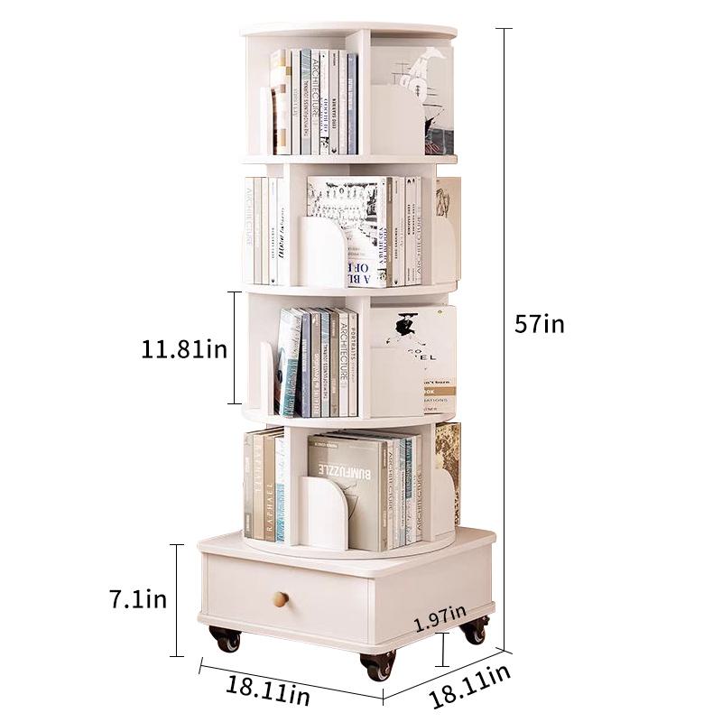 Rotating Bookshelf with 360-Degree Rotating Design, Wood Narrow Book Shelf Organizer for Bedroom, Living Room, 18″ L x 18″ W x 51″ H, White