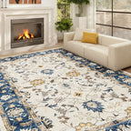 Machine Washable Area Rug 8x10, Non-Slip Boho Floral Print Floor Carpet for Living Room, Bedroom, Dining Room, Blue