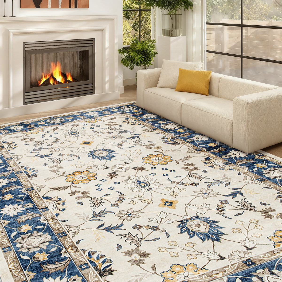 Machine Washable Area Rug 8x10, Non-Slip Boho Floral Print Floor Carpet for Living Room, Bedroom, Dining Room, Blue