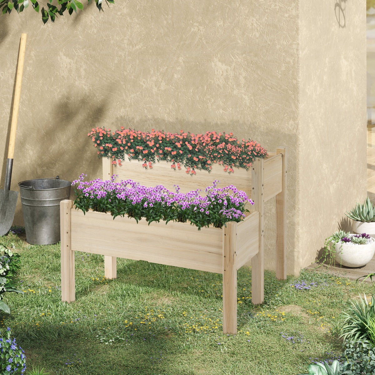 Raised Garden Bed, 2-Tier Wood Planter Stand Plant Grow Box, 34"x34"x28"