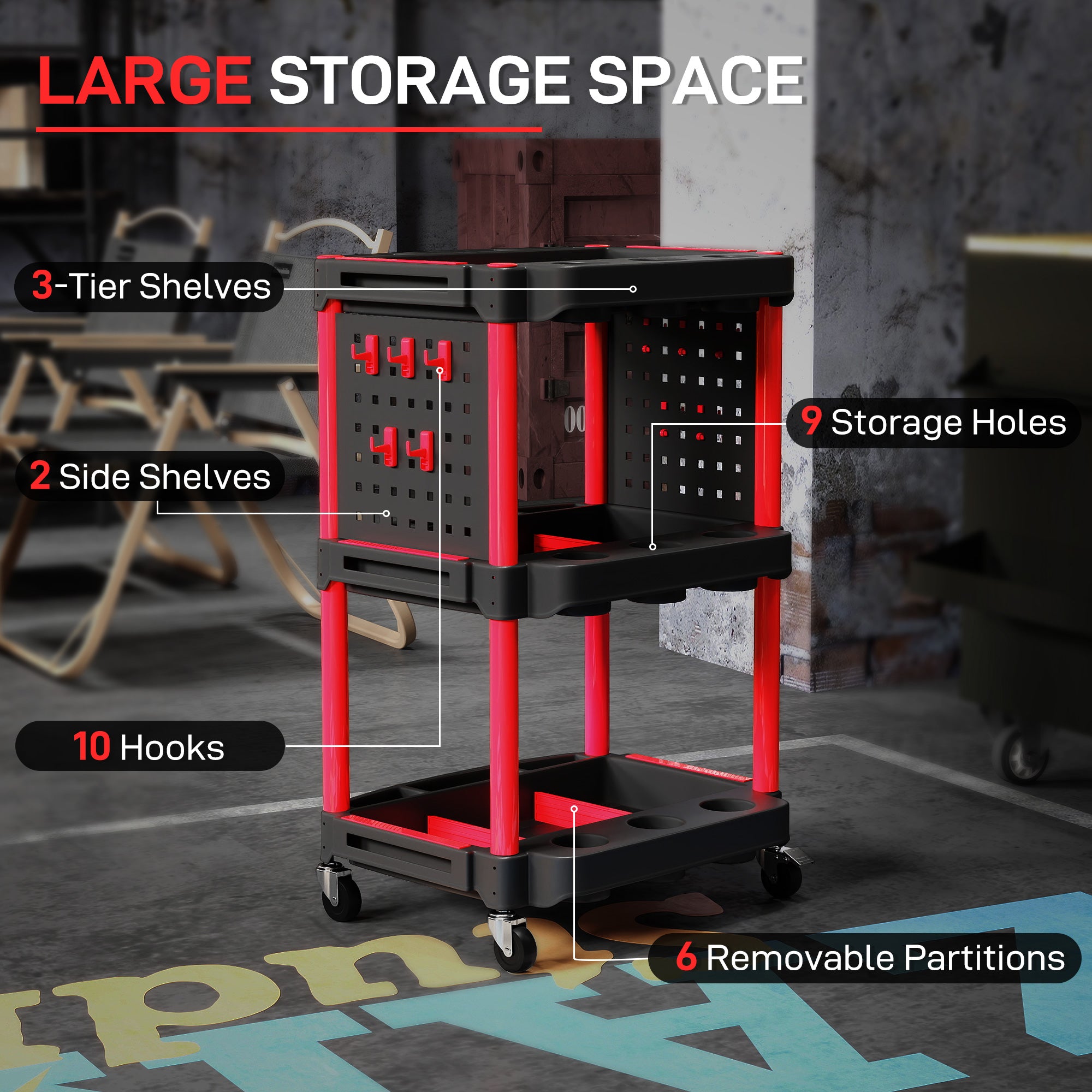 3-Tier Rolling Tool Cart, 200 LBS Capacity Plastic Utility Cart with Side Shelves for Garage Workshop, Black and Red