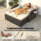 Patio Rattan Daybed, Wicker Outdoor Daybed with Storage Ottoman, Loveseat w/ Adjustable Backrest, Beige