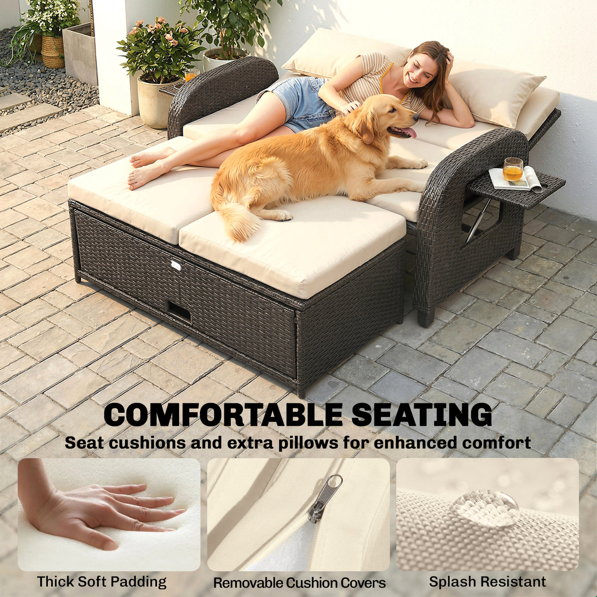 Patio Rattan Daybed, Wicker Outdoor Daybed with Storage Ottoman, Loveseat w/ Adjustable Backrest, Beige