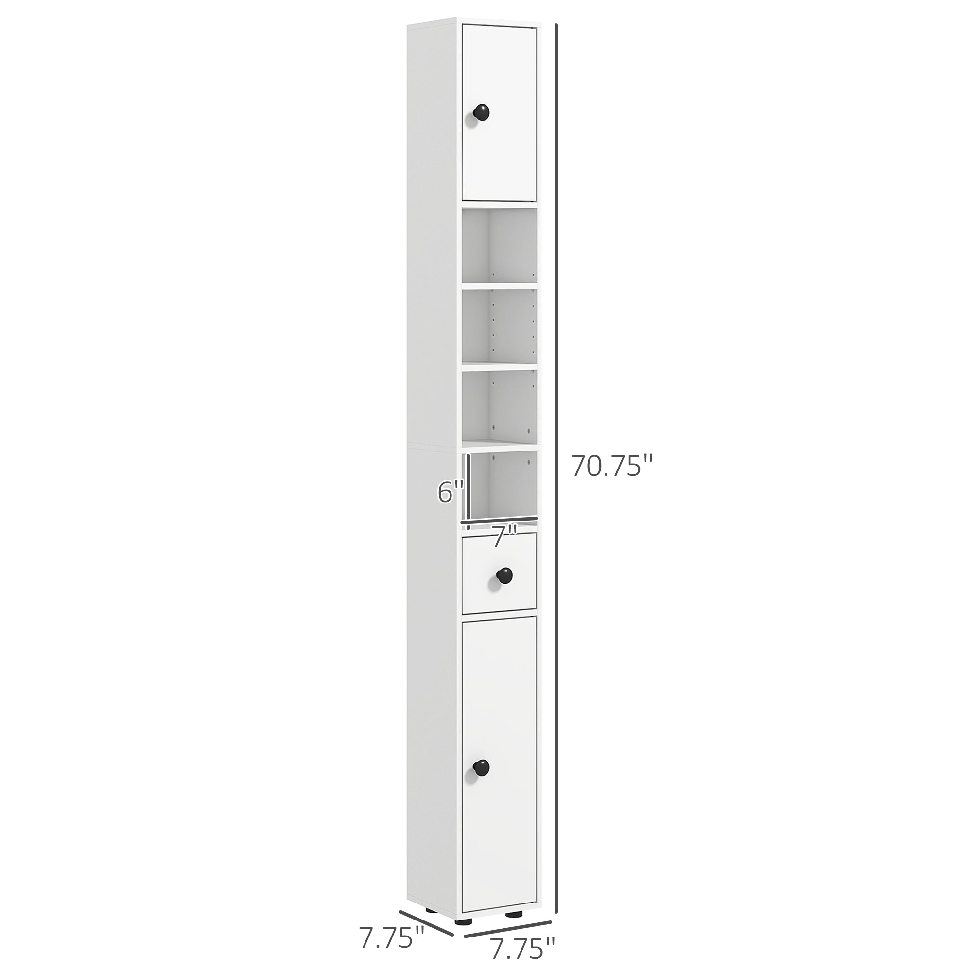 71" Small Bathroom Storage Cabinet, Narrow Toilet Paper Cabinet with Open Shelves, 2 Cabinets, Adjustable Shelves, White