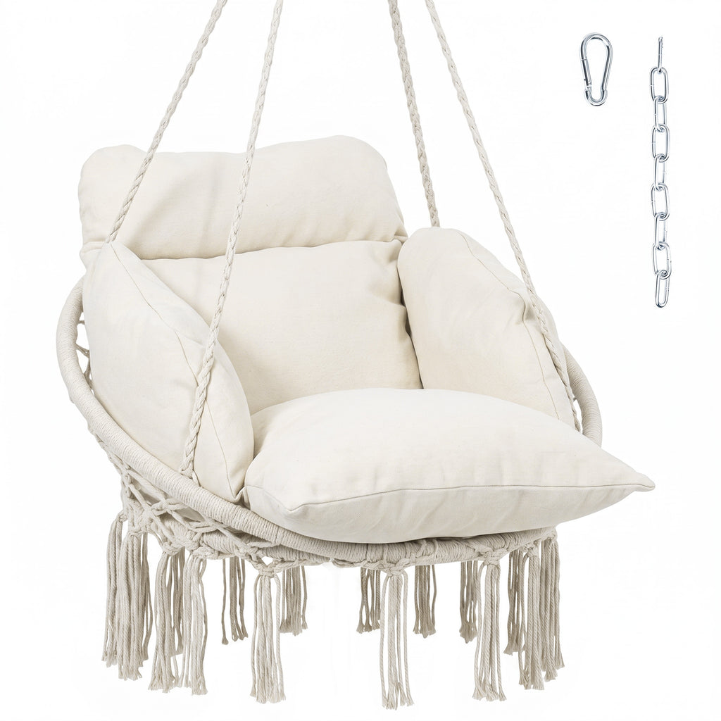 Hammock Swing Chair, Macrame Hanging Chair with Large Cushion, Chain, Steel Frame for Indoor Outdoor Use, Cream White