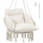 Hammock Swing Chair, Macrame Hanging Chair with Large Cushion, Chain, Steel Frame for Indoor Outdoor Use, Cream White