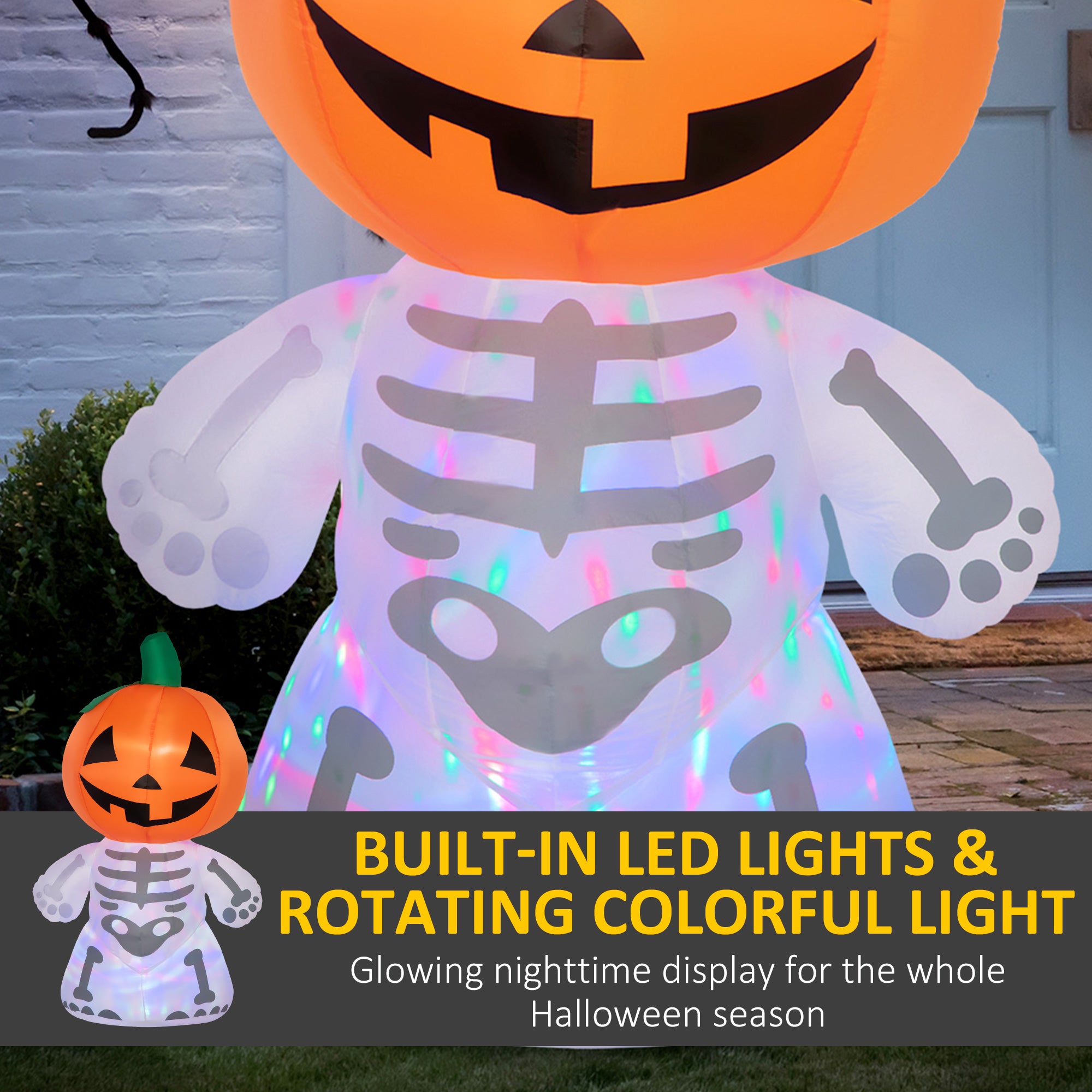 6ft Halloween Inflatables Outdoor Decorations, Smiling Skeleton Ghost with Pumpkin Head, Blow Up LED Yard Decor for Garden, Lawn, Party, Holiday, Waterproof