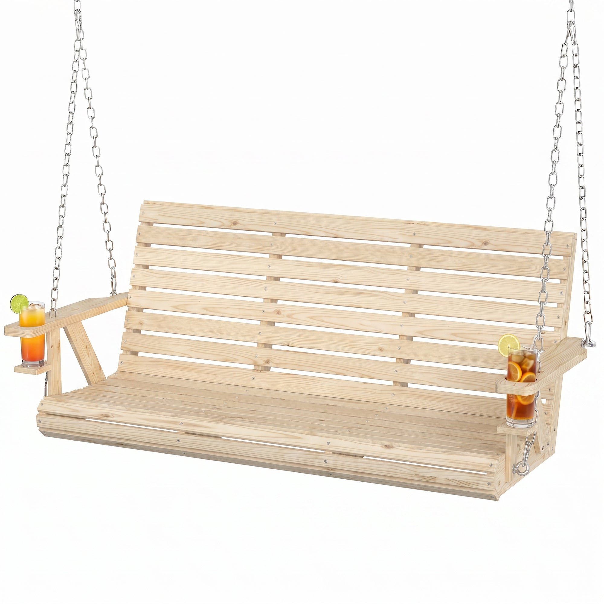 3-Seater Swing Bench, Wooden Porch Swing with Cupholders, Hanging Chains for Patio Garden, Nature Wood
