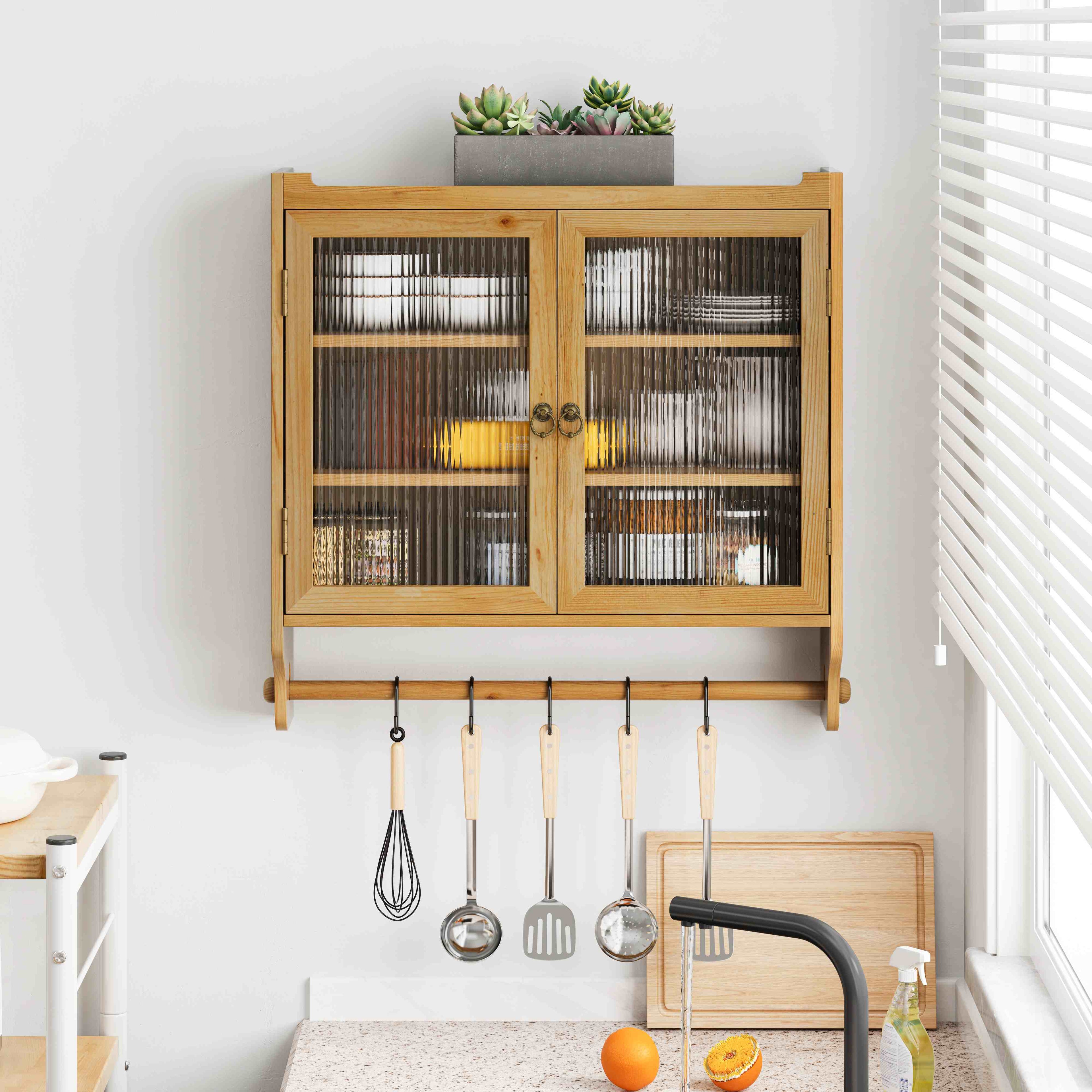 Vintage Double Door Wall Cabinet with Glass Doors, Three Tiers of Storage, and Towel Rack for Bathroom, Kitchen, Dining Room, 24.8", Natural