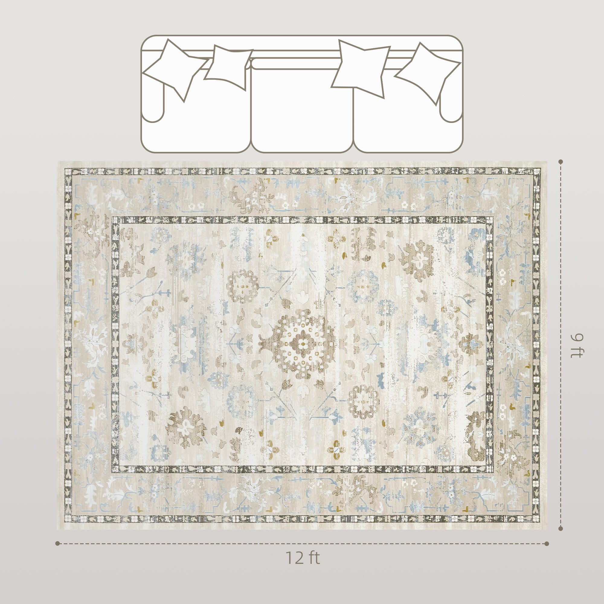 9x12 Area Rug, Indoor Boho Machine Washable Carpet for Living Room, Bedroom, Dining Room, Kitchen, Blue